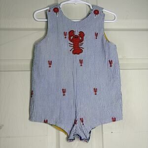 Blue Striped Lobster Louisiana Patchwork Short Sleeve Romper One-Piece